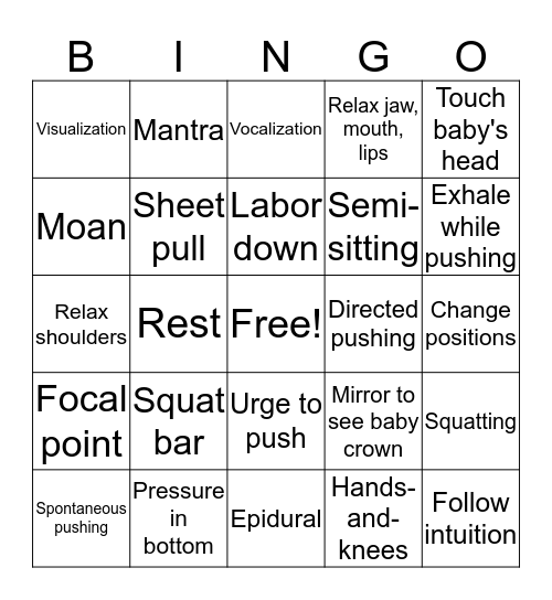 Second Stage Labor Bingo Card