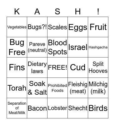 Kashrut Bingo Card