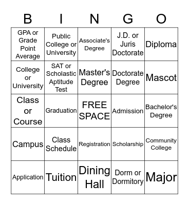 College Bingo Card
