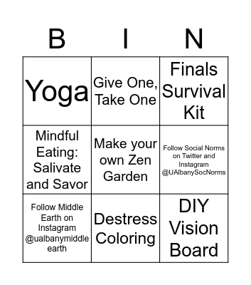 Stress Less Event Bingo Card