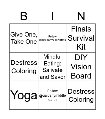 Stress Less Event Bingo Card