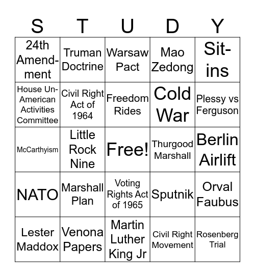 America in the Cold War and Civil Rights Years Bingo Card