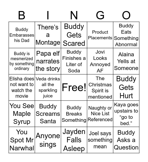 Buddy The Elf Bingo Card