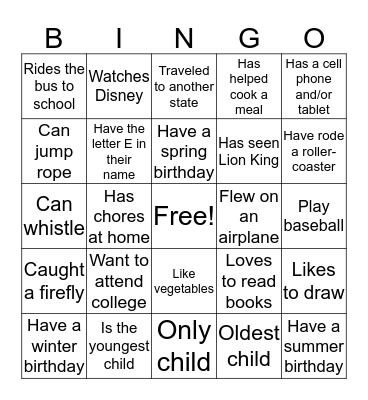 All about Me Bingo  Bingo Card