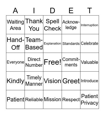 Standards Bingo Card