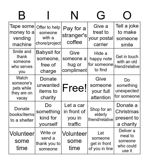 Kindness Bingo Card