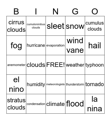 Weather Bingo Card