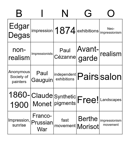 Impressionism Bingo Card