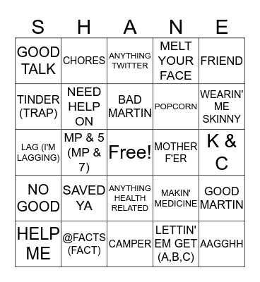 SHANE BINGO Card