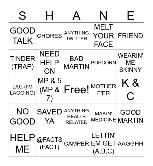 SHANE BINGO Card
