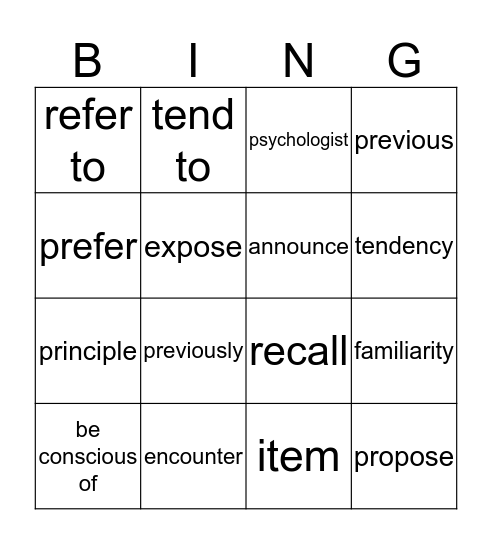 Familiarity Principle Bingo Card