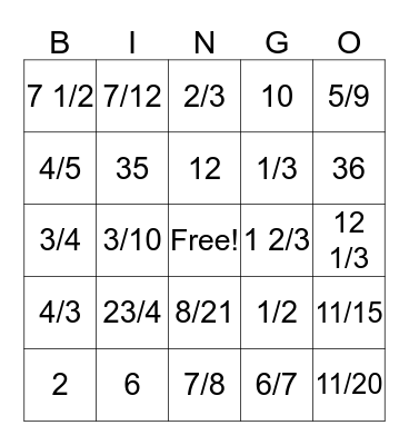 Fractions Bingo Card