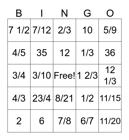 Fractions Bingo Card