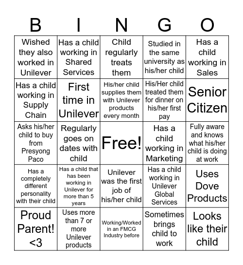 Bring Your Parents To Work Day Bingo Card