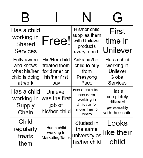 Bring Your Parents To Work Day Bingo Card