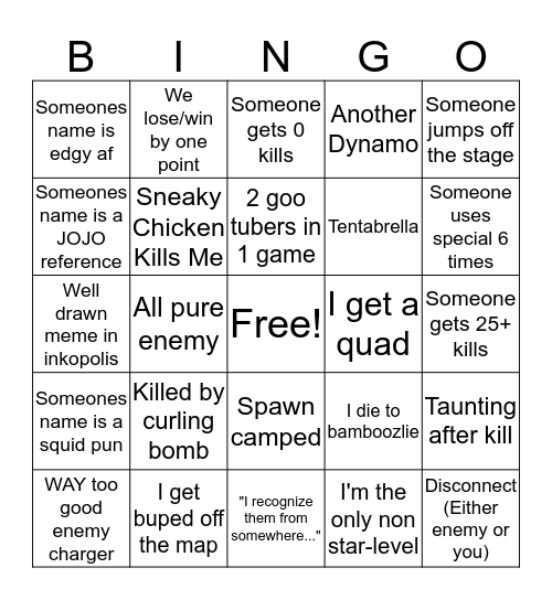 Splatoon Bingo! Bingo Card