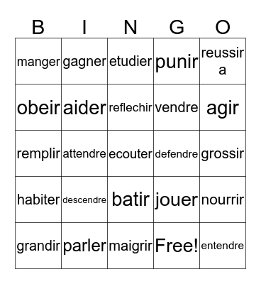 ER, IR & RE verbs Bingo Card