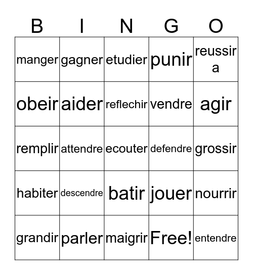 ER, IR & RE verbs Bingo Card