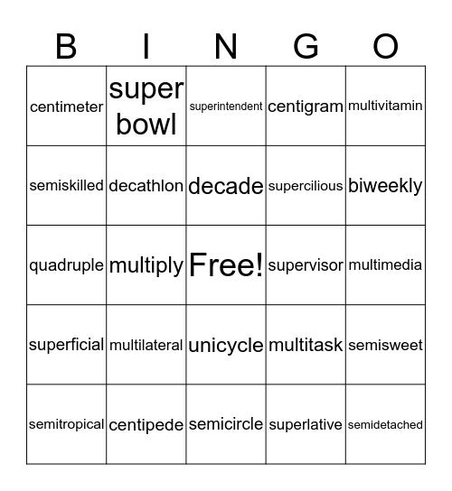 Prefix review  Bingo Card