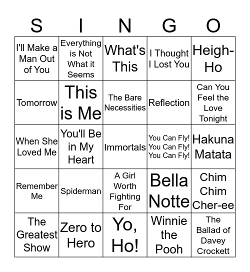 MWC DISNEY SINGO Bingo Card