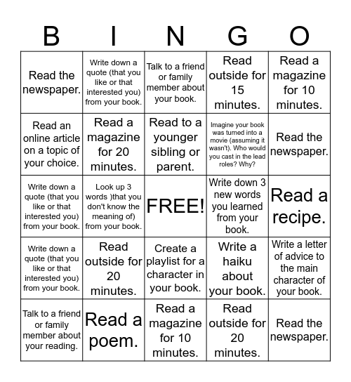 Reading Homework Bingo Card