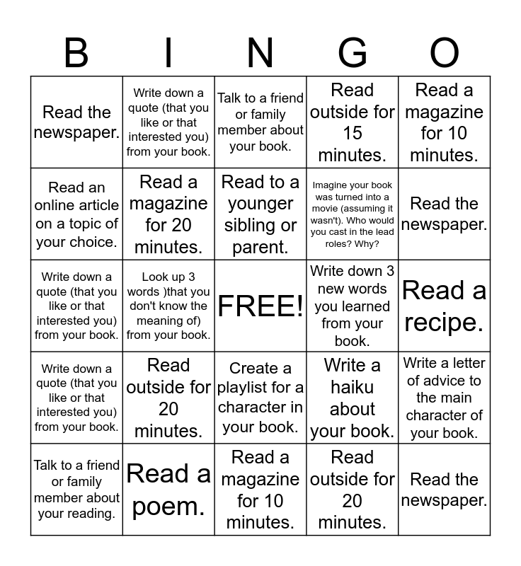 reading homework bingo