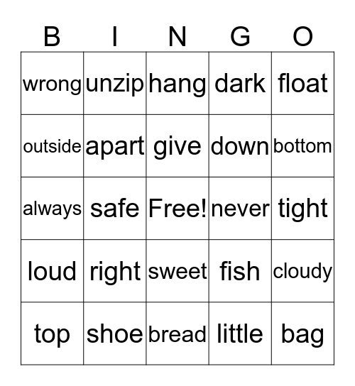 OPPOSITES Bingo Card
