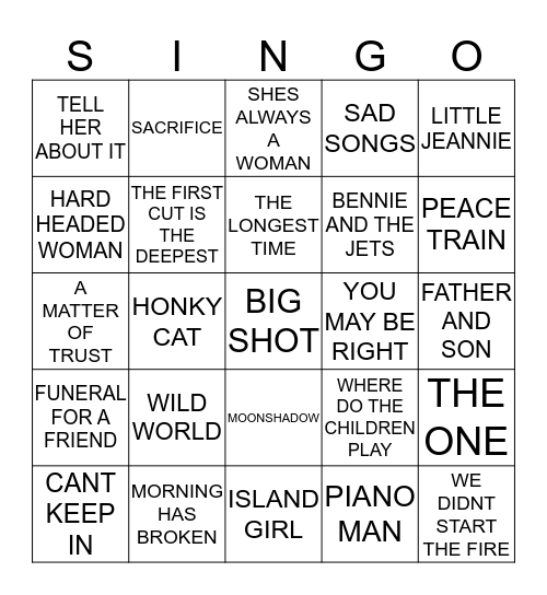 459 ELTON VS BILLY VS CAT Bingo Card