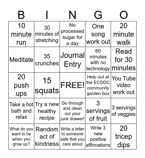 Healthy Lifestyle Bingo Week 5! Bingo Card