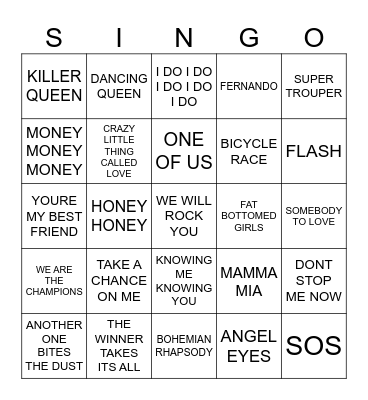 460 QUEEN VS ABBA Bingo Card