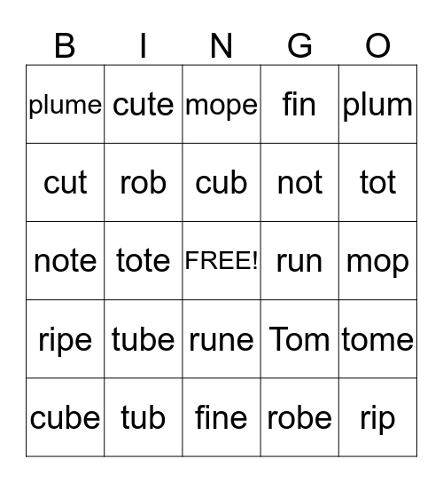 Magic E Bingo Card