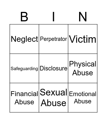 Domestic Violence Bingo Card