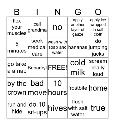 First Aid Bingo Card