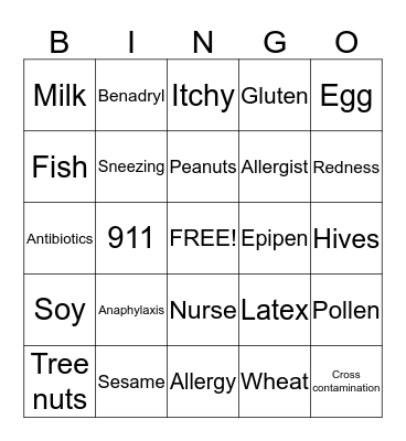 Allergy Bingo Card