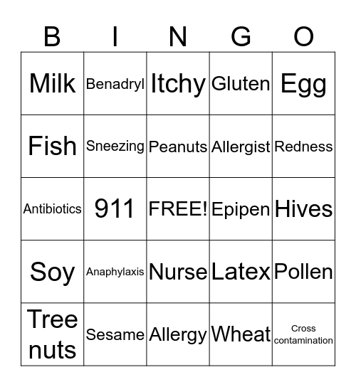 Allergy Bingo Card