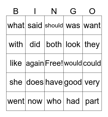 Sight words Bingo Card