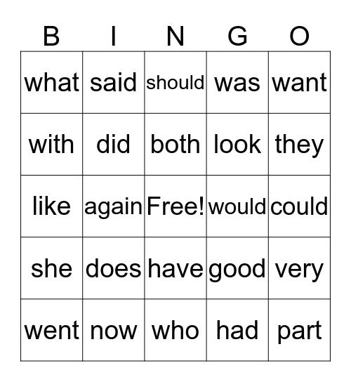 Sight words Bingo Card