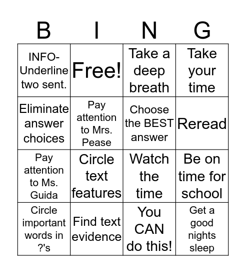 Test Prep  Bingo Card