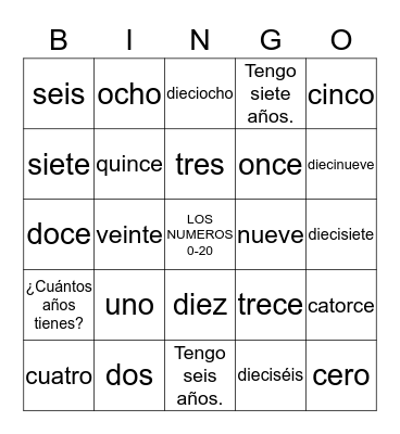 LOS NUMEROS 0-20 Bingo Card