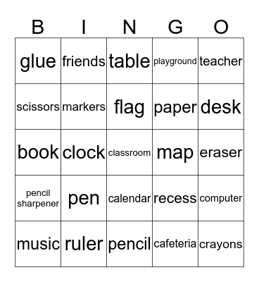 School Vocabulary Bingo Card