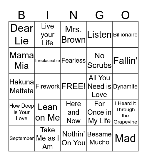 MUSIC BINGO Card
