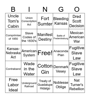 Event of the Civil War Bingo Card