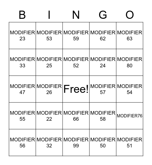 Modifier Bingo Card