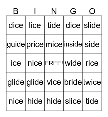 -ice and -ide Bingo Card