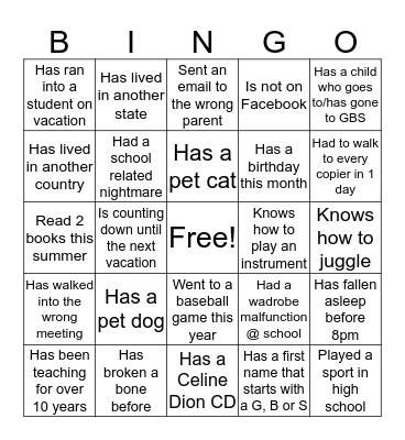 GBS Staff BINGO Card