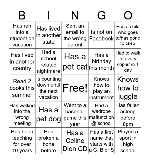 GBS Staff BINGO Card