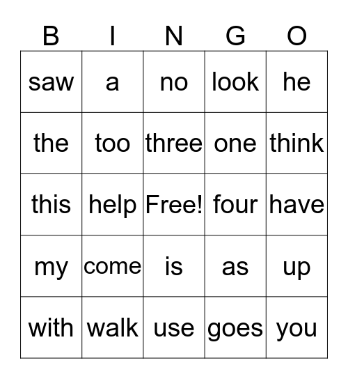 First Grade Sight Word Bingo Card