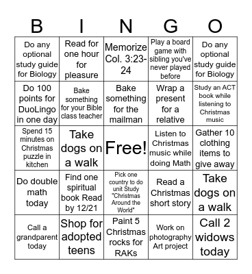 Homeschool Christmas Bingo Card