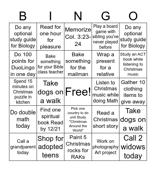 Homeschool Christmas Bingo Card