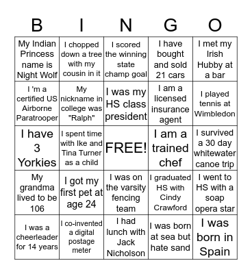 Match the fact with the right person to win! Fill your whole card by writing the name in the square once you find them Bingo Card